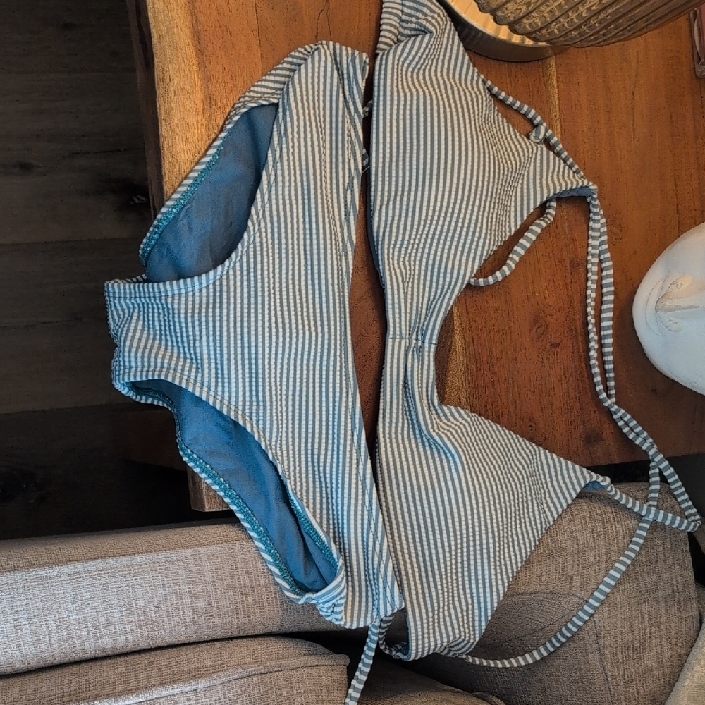 Blue and White Striped Bikini with Adjustable Straps